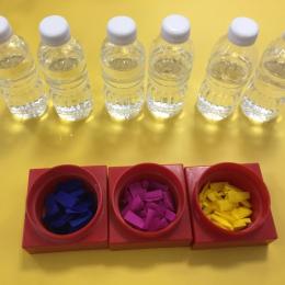 Mettre des bouts de papier crêpon dans une bouteille d’eau, fermer, secouer et regarder la magie opérer.