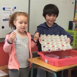 attraper des boules de mousses avec de grandes pinces à épiler et les placer dans les alvéoles de la boîte à oeufs selon leur taille en fonction du code dessiné au fond de chaque alvéole